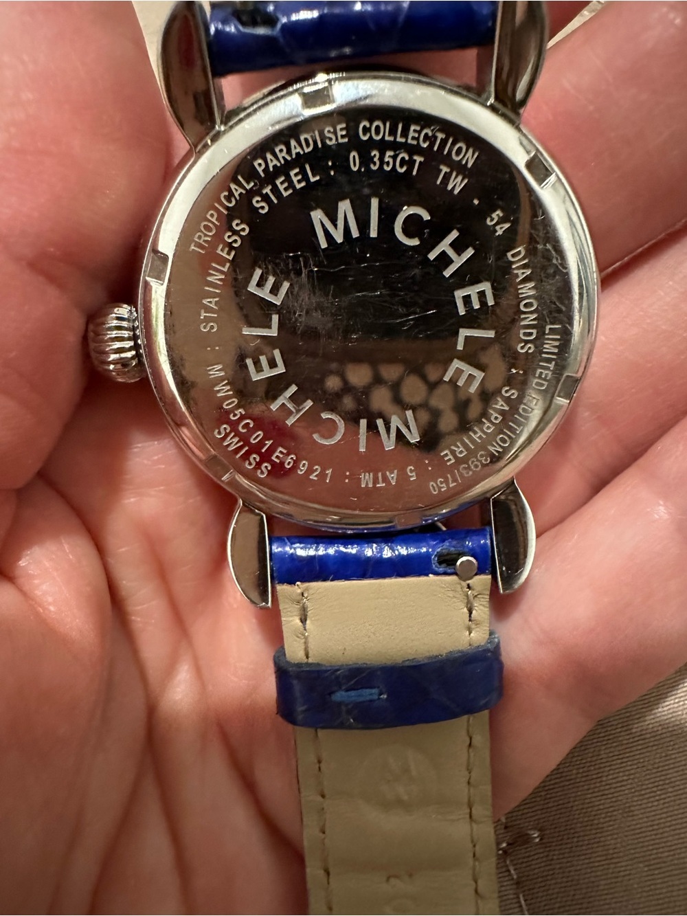 Michele Tropical Paradise Diamond Dial Watch with Blue Strap and Green Motif - Picture 4 of 11